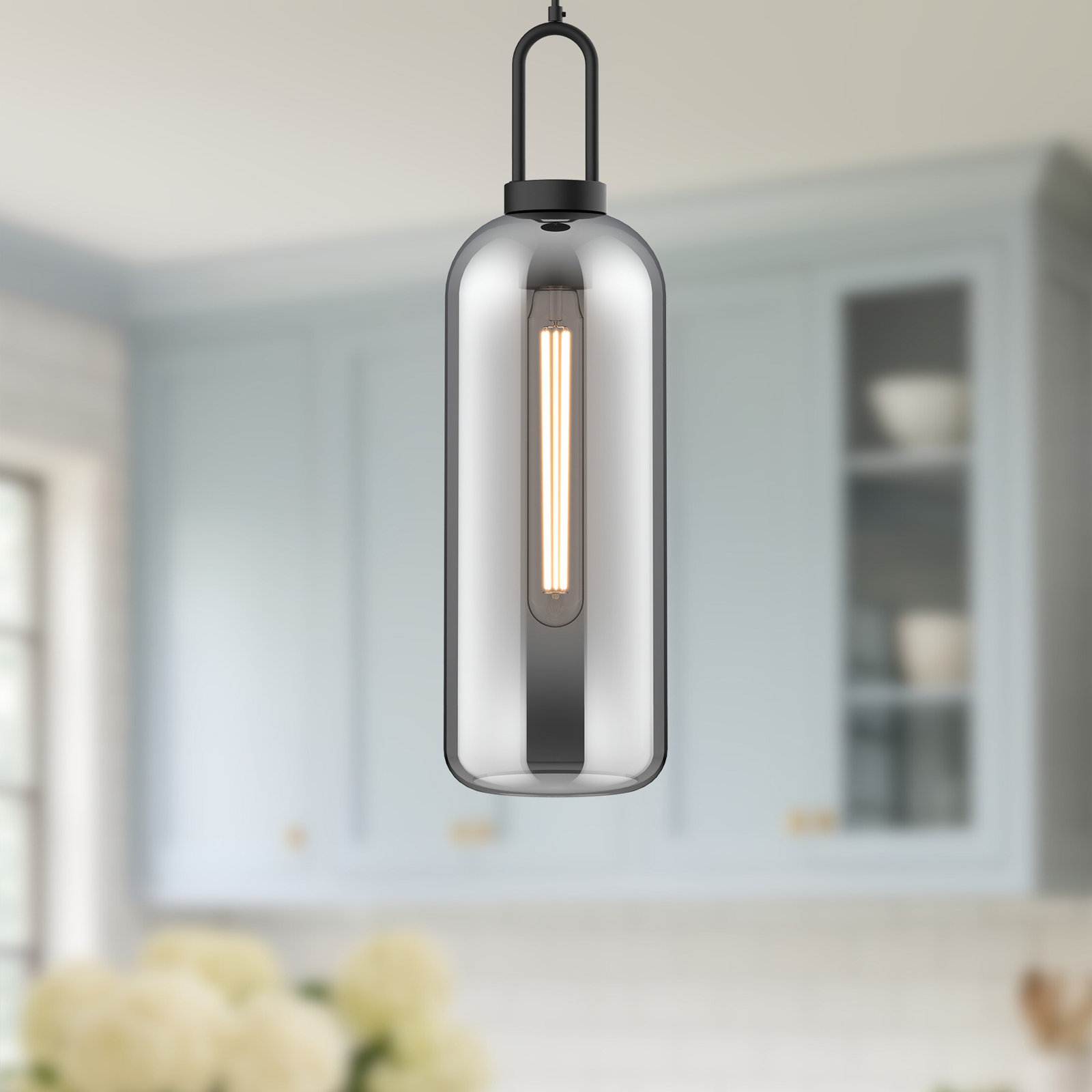 Minneapolis Single Light Glass Pendant, Smoke, Matte Black, 20.75" H x 6" W x 6" D 
