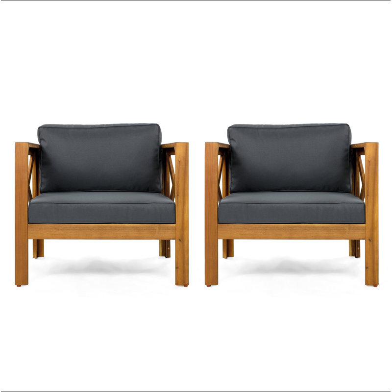 Fauteuil club d'extérieur en bois d'acacia avec coussins (ensemble de 2), ensemble de conversation, Gris foncé