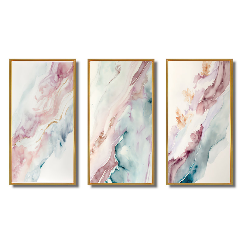 «Sudden Solitude In Elevated Blush» 3 pièces, H 20 po x l 36 po, Cadre flottant doré