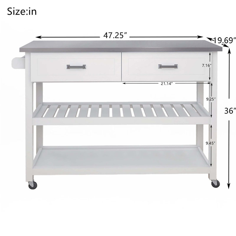 Chariot Kicthen blanc avec deux tiroirs et plateau en acier inoxydable