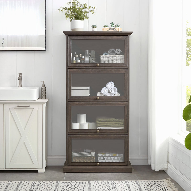 Vitrine à 4 niveaux en verre pour salon Vitrine de rangement élégante avec portes vitrées rabattables, Brun