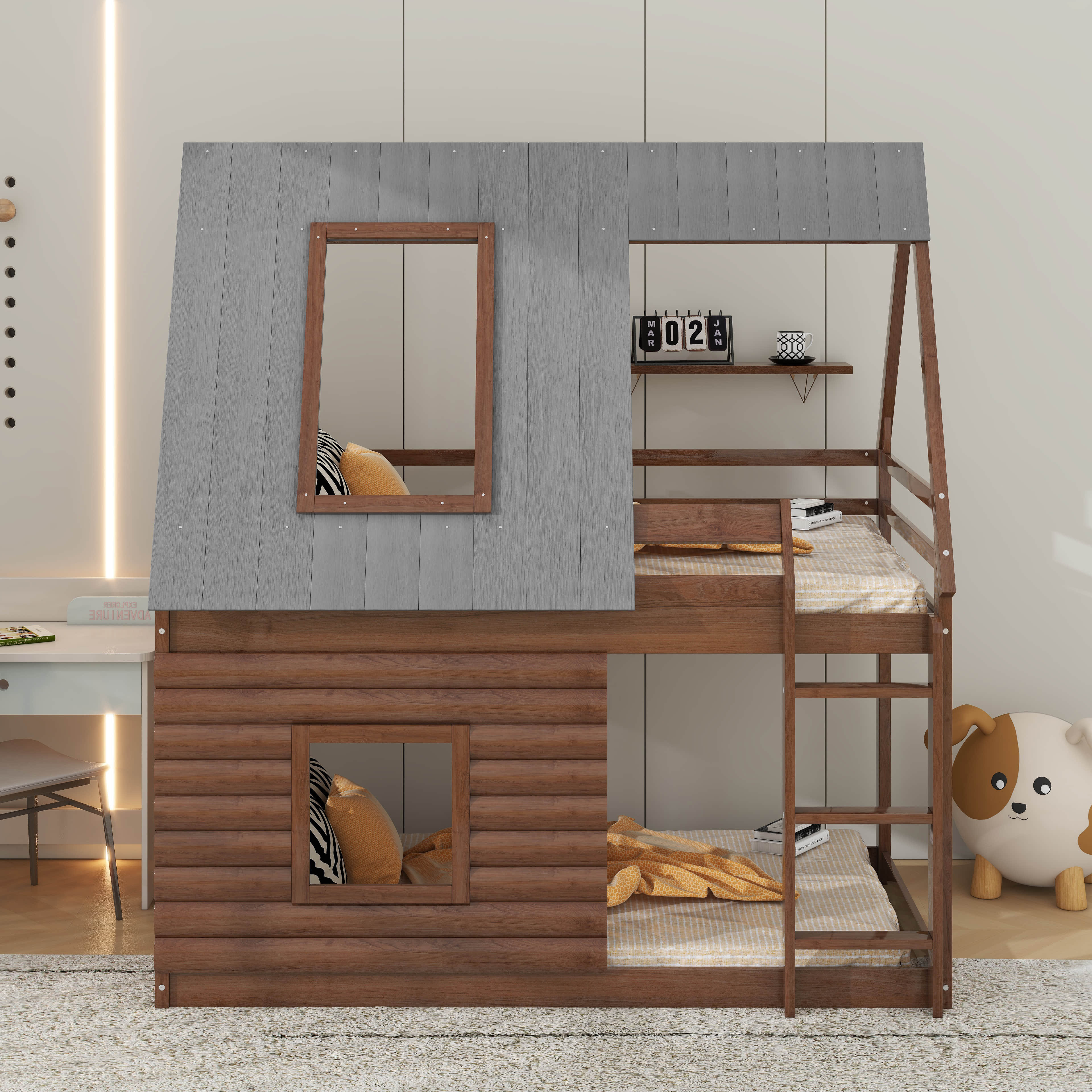 Harper Orchard Wood Twin Size House Bunk Bed With Roof, Ladder And ...