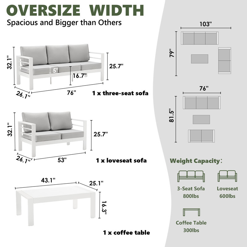 Kassian 5 - Person Patio Conversation Set with Cushions, White, Light Gray