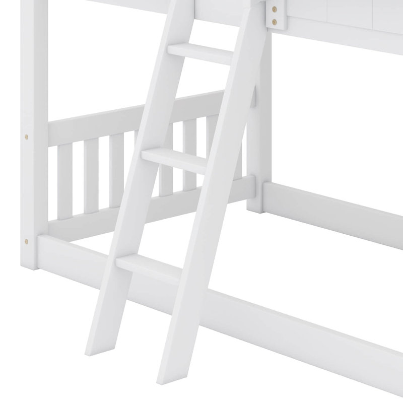 Twin-On-Twin House-Style Bunk Bed Fully Equipped With Roof, Window, Door, Safety Guardrails, And Ladder, White