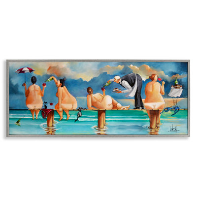 Nude Ladies Fun at Beach Gray Framed Giclee Art by Ronald West