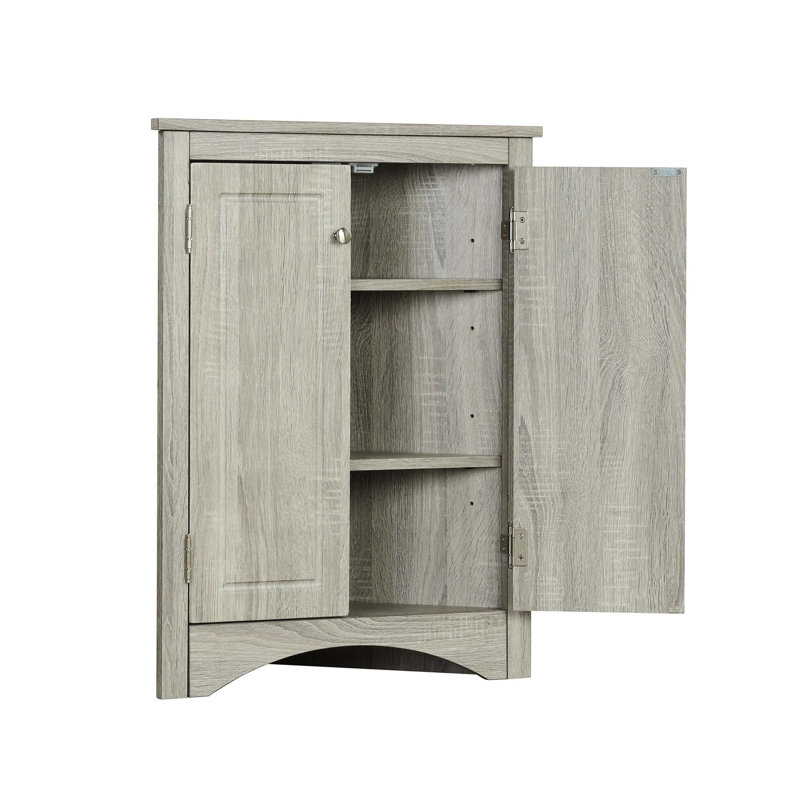 Oak Finish Freestanding Triangle Bathroom Floor Cabinet With Adjustable Storage Shelves