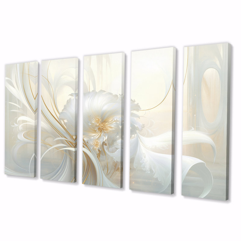 «Tender Whirling White Illustration II», art mural sur toile à spirales abstraites - 5 panneaux égaux