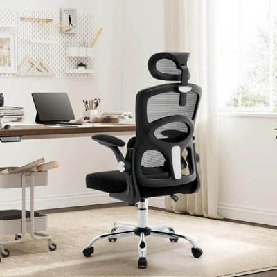 Chaise de bureau ergonomique en filet à dossier haut - Appui-tête réglable et support lombaire - Chaise de bureau d'ordinateur pivotante avec pied galvanisé et roulettes - Idéale pour le bureau à domicile ou la salle de jeu - Structure noire, dossier en filet transparent