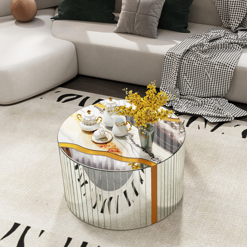 Table basse ronde avec finition miroir argentée, motif en marbre doré et blanc, décor contemporain pour bureau de chambre à coucher moderne en brillant, facile à installer