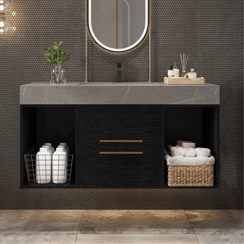 Meuble-lavabo flottant contemporain simple 39,4 po avec comptoir en faux marbre, lavabo en céramique et 2 tiroirs en bois massif multicouches