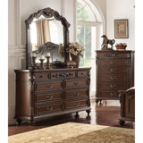 Traditional Formal Antique Walnut Unique Design Dresser W Mirror Drawers Storage Bedroom Furniture