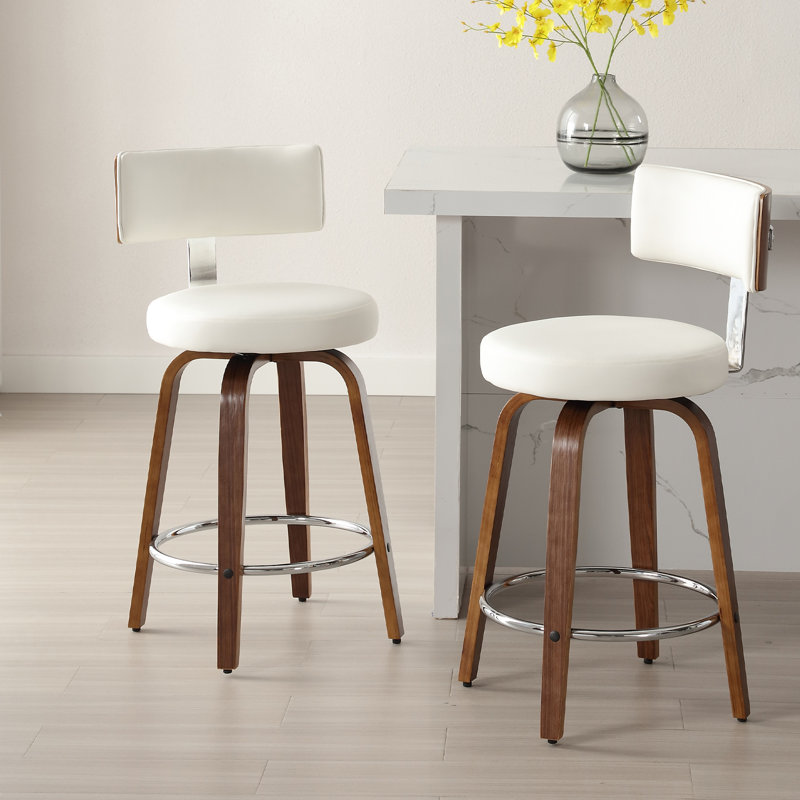 Sonja Swivel Upholstered Counter Stool, Counter Stool (26" Seat Height), White Seat/ Brown Frame