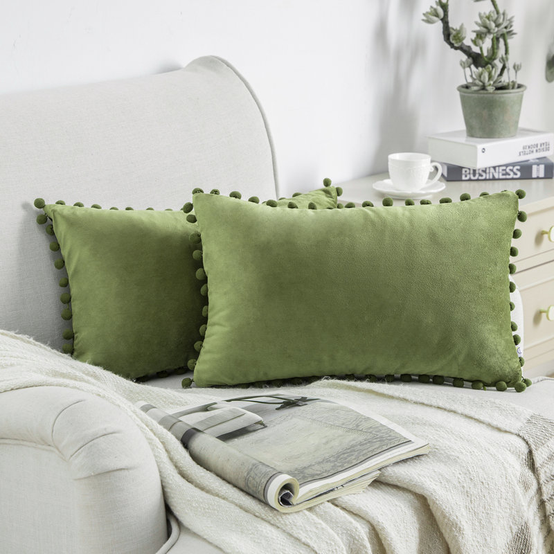 Light Green Velvet Pom Pom Decorative Throw Pillows, 12" x 20", Set of 2