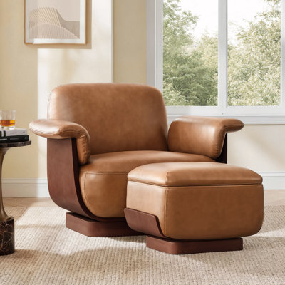 Modern Swivel Accent Chair with Ottoman-Genuine Leather