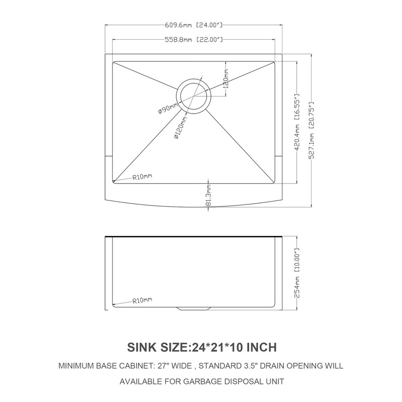 24 Inch Deep 16 Gauge Stainless Steel Apron Front Kitchen Sink, T304 Construction, X - Shaped Water Guide For Smooth Flow, R10 Rounded Corner, Condensation Coating, 3Mm Pad, Package With Drain