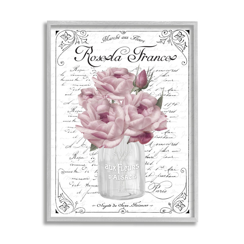 Bouquet de roses roses français, H 14 po x l 11 po x P 1,5 po, Estampe numérique Farmhouse