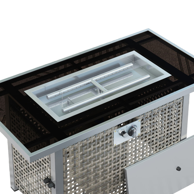 43" Rectangular Grey Open Weave Propane Fire Pit Table, 60000 , With Bohemian Style, Blue Glass Stones, And Wind Guard For Outdoor Entertaining Gas Removable - Rust Lid, Guard, Style Patio Parties