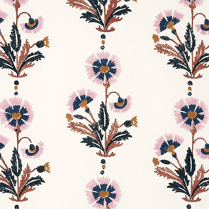Schumacher x Molly Mahon Dianthus Hand Block Print Fabric, Rust/Rose