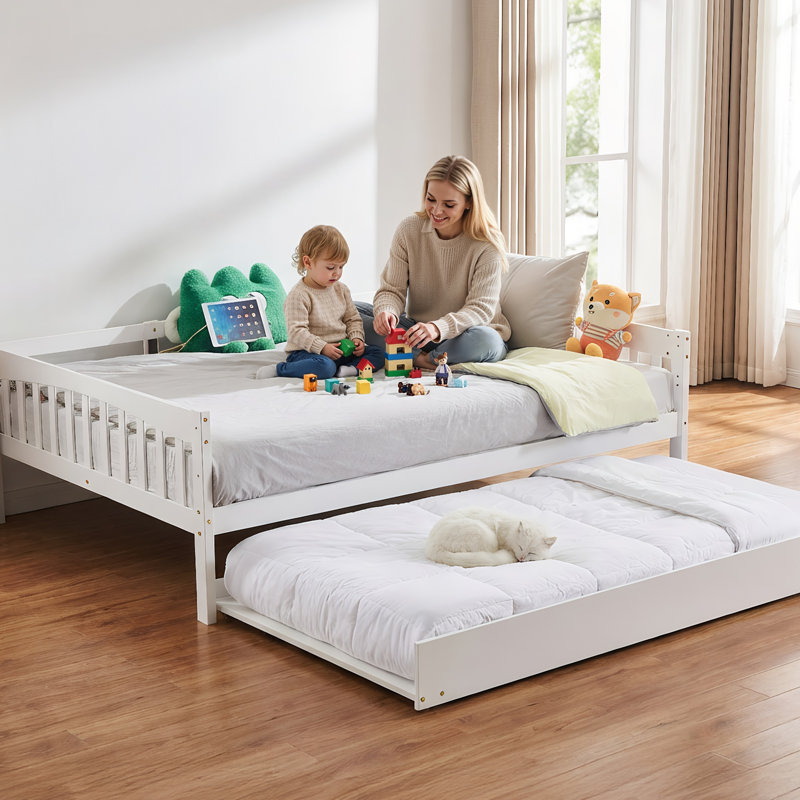 Lit simple en bois avec lit gigogne, bande lumineuse, station de charge et garde-corps, Lit simple