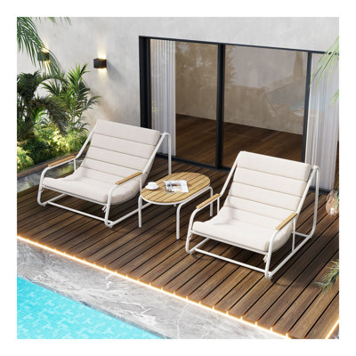 Ensemble de 3 chaises longues d'extérieur, chaise longue de patio avec table d'appoint en acacia, chaises longues de piscine pour pelouse, terrasse, plage, beige
