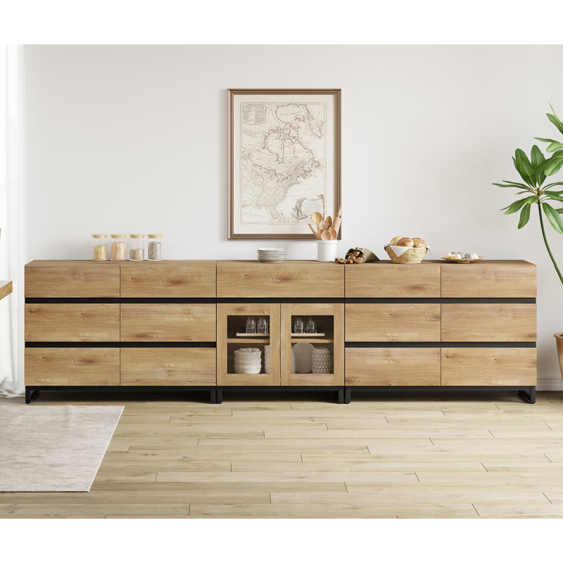 3 In 1 Modern Sideboard With Adjustable Shelves And 13 Drawers, Coffee Bar Cabinet For Living Room, Kitchen, Oak