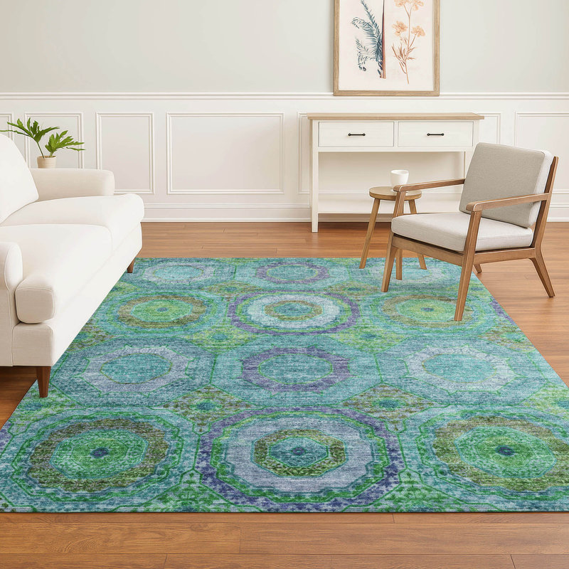 Premium Machine Washable Mayfield AMF2049 Panel Rug, Teal, 5' x 7'6"