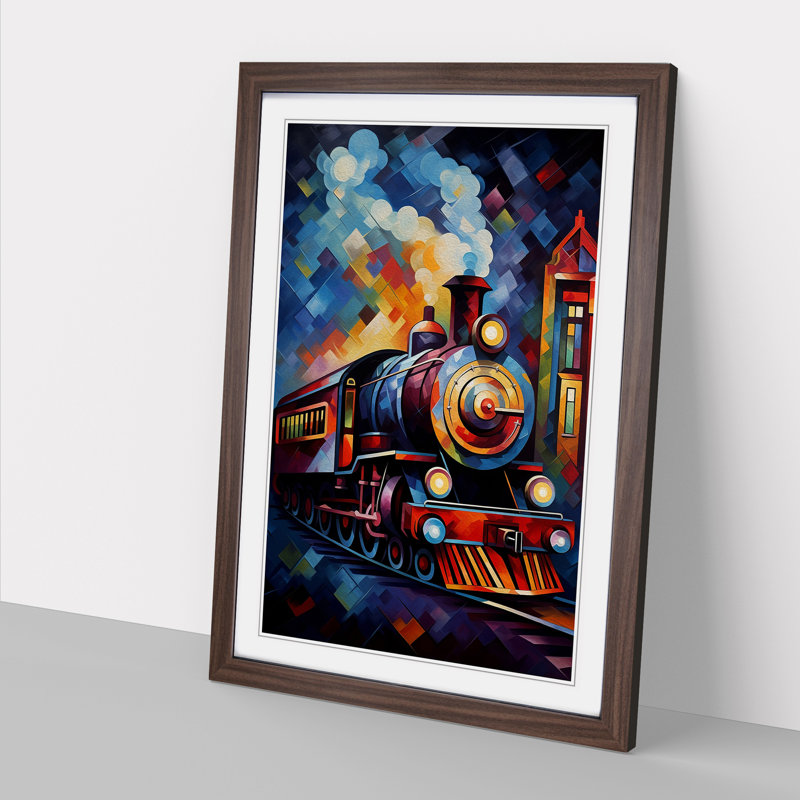 Steam Train Cubism No.2 - Single Picture Frame Print on Wood, Walnut, 34cm H x 25cm W x 2cm D