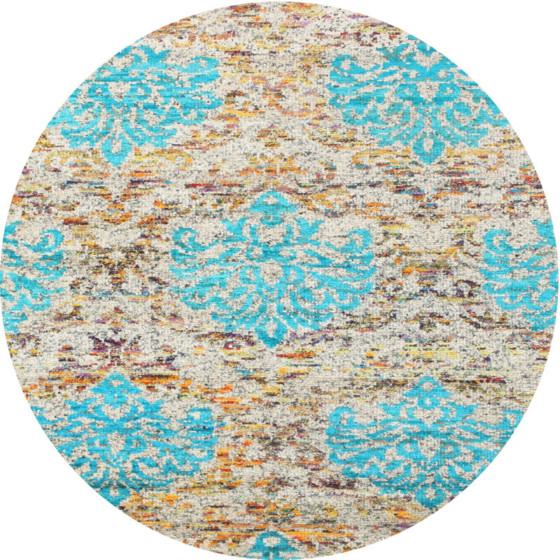 Tapis bleu/jaune contemporain, Rond 3 pi