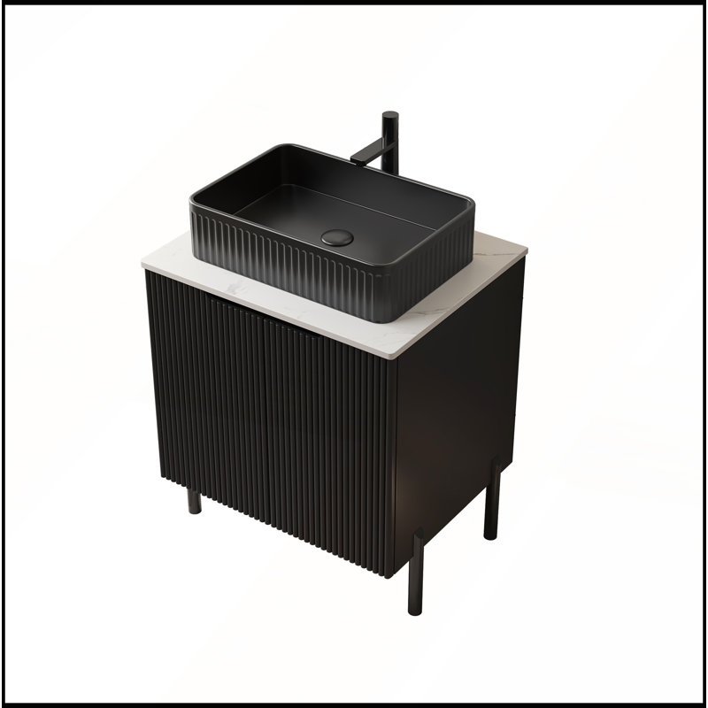 Meuble-lavabo sur pied 24 po avec lavabo, meuble de rangement autoportant, lavabo en céramique noire, comptoir blanc Carrara, portes à fermeture en douceur
