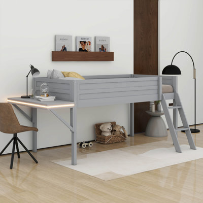 Lit mezzanine de jeu avec DEL et bureau, plateforme de rangement en bois