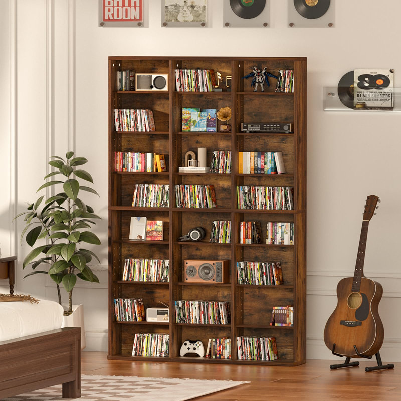 8 Tier Tall Display Cabinet, Media Storage Cabinet with Adjustable Shelves, Free Standing DVD Organizer Shelf, Floor Multimedia Storage Manga Bookshelf for Living Room & Home Office (Brown)