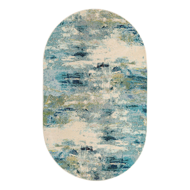 Tapis bleu clair tissé à la machine à motif abstrait Keimar, Ovale 5 pi 1 po x 8 pi