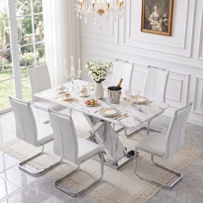 7-Piece Modern Rectangular Faux Marble Dining Set with Cantilever Chairs