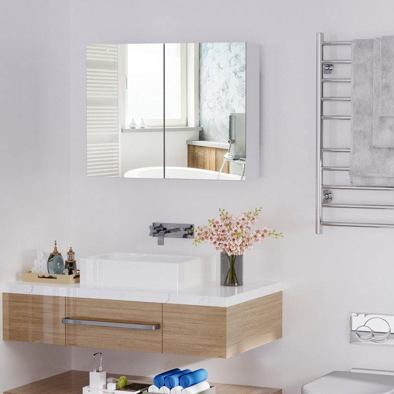 Armoire de salle de bain murale avec miroir et tablettes réglables - 31,5 "X 23,5", Perspectives tendance, espace de rangement abondant, charnières de porte silencieuses, blanc