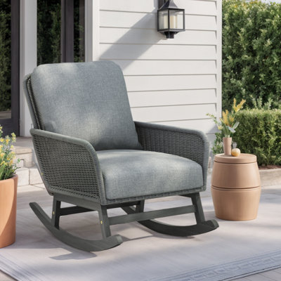 Outdoor Rattan Rocking Chair, Upholstered Leisure Accent Armchair, Durable Wood Frame, Patio Relax Rocker Lounge Chair by Bay Isle Home
