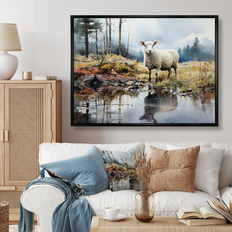 Sheep Reflection - reproduction sur toile, Cadre flottant noir, H 34 po x l 44 po x P 1,5 po