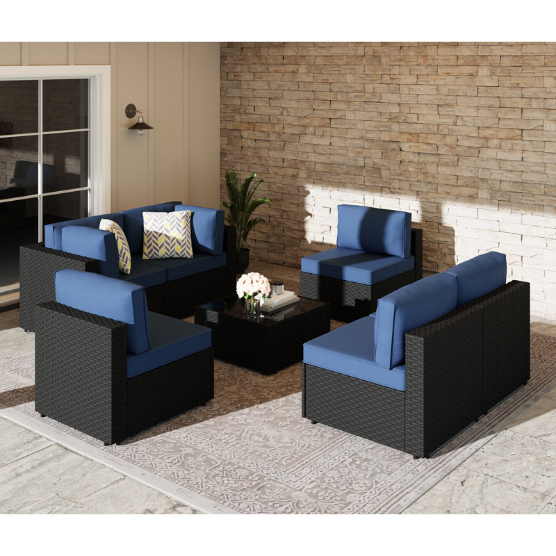 Ensemble de conversation d'extérieur en rotin avec coussins 7 pièces Knights, Bleu marine