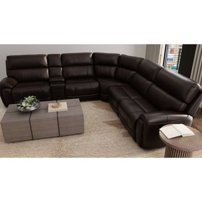 6 modulaires électriques en cuir tabac, appuis-tête, repose-pieds, charge, console multifonctionnelle, salon en forme de L avec porte-gobelets lavables amovibles, brun foncé, espace