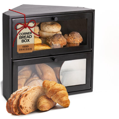 Corner Bread Box For Kitchen Countertop - New 2026 Airtight Design - Extra Large, Double Layer Black Breadbox, Vintage Storage For Homemade Bread, Under Cabinet Organizer