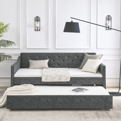 Twin Size Daybed With Elegant Back And Trundle Bed, Eucalyptus Wood Frame, Gorgeous Velvet Upholstery For A Luxurious Feel Waved Arm Details, Trundle, by Everly Quinn