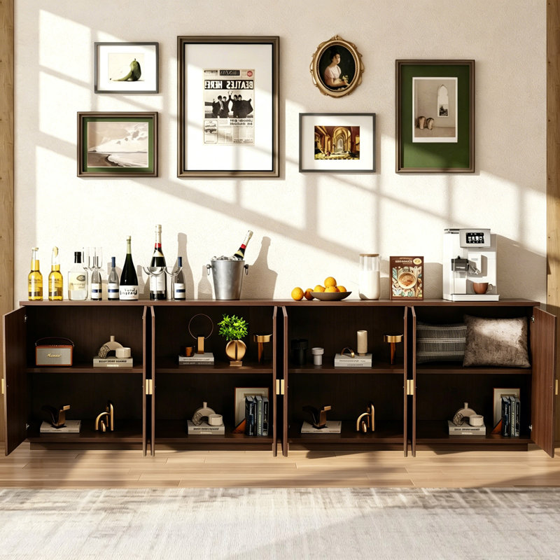 58.8" 8-Door Mid-Century Modern Wood Sideboard Set Vintage Four-Door Cabinet（2 PCS）With Storage Cabinets & Open Shelves