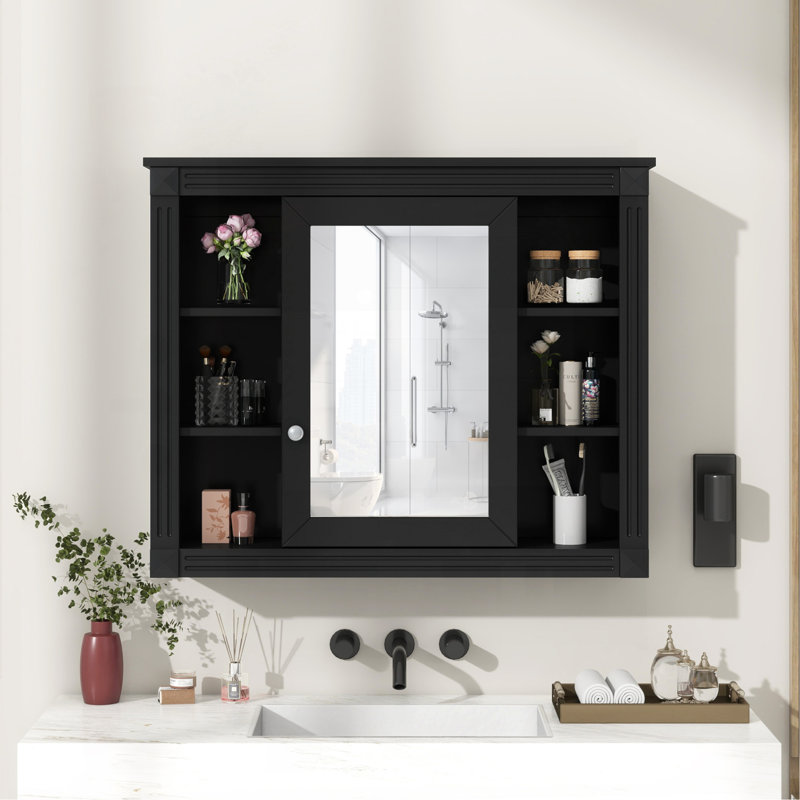 Armoire de rangement murale de salle de bain 35 po x 28 po, armoire à pharmacie, armoire murale moderne avec miroir, armoire à miroir avec 6 tablettes ouvertes (meuble-lavabo non inclus)