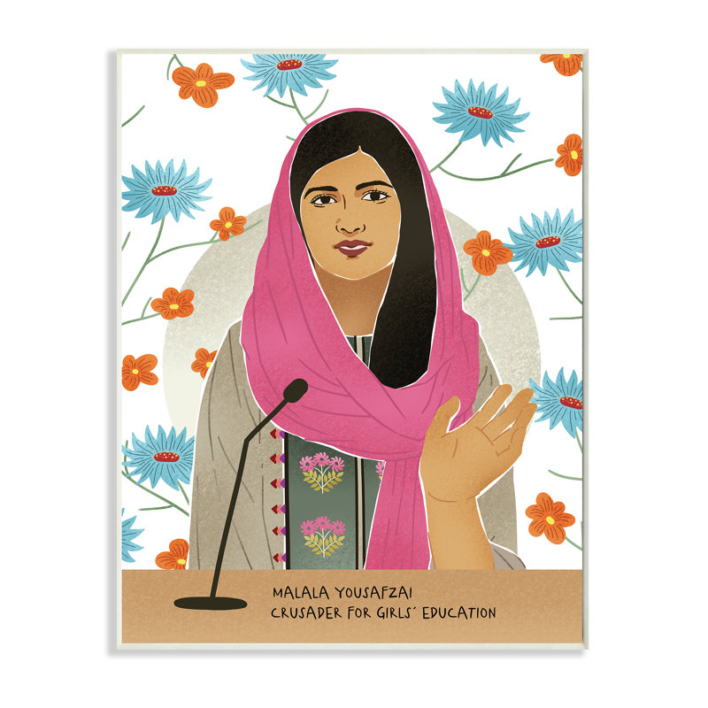 " Malala Speech Over Blue Orange Florals Female Icon ", Wall Plaque, 15" H x 10" W