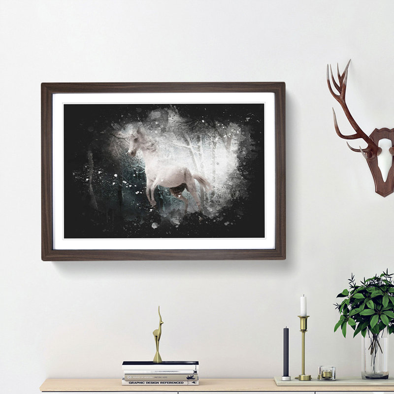 White Horse Rearing in a Winter Forest - Picture Frame Graphic Art Print, Walnut Framed, 62cm H x 87cm W x 2cm D