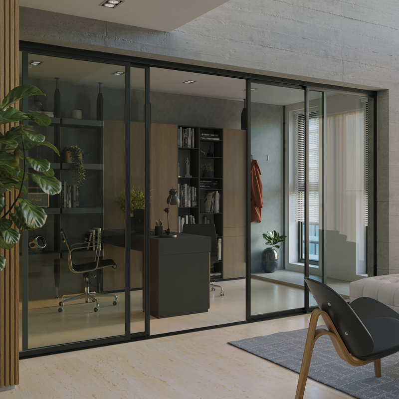 Cloison 4 panneaux coulissants en verre transparent - structure en aluminium avec technologie Silent Glide, Noir mat