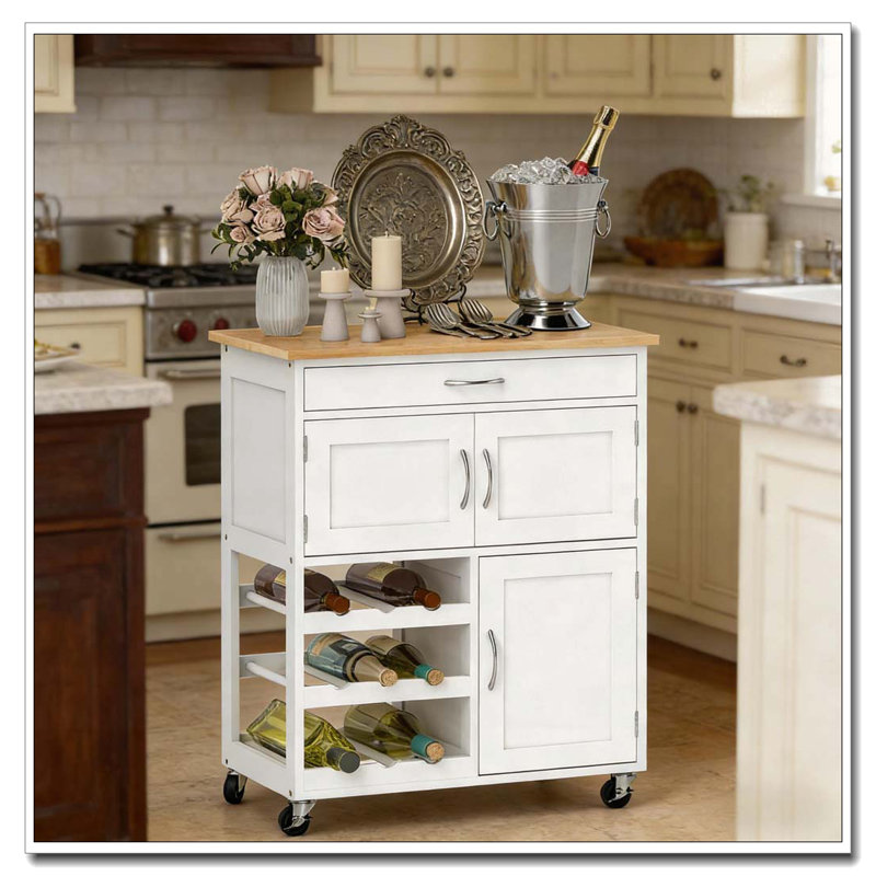 Chariot de cuisine portable avec support à vin et deux armoires