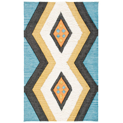 Tapis bleu / orange tissé à la main en laine / coton Wynward