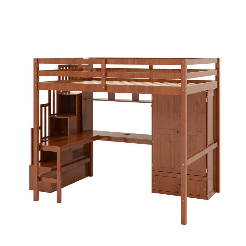 Wooden Full-Size High Loft Bed Featuring Desk, Staircase, Charging Station, Bookcase, Wardrobe, Doors, And Drawers, Walnut