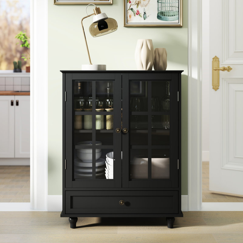 Black Sideboard With Drawer And Compartment, For Living Room, Dining Room - Water Based Painted , Vintage Bronze Handles Modern Double Glass Doors, Hallway, Entryway Shatter Tempered Glass, Smooth