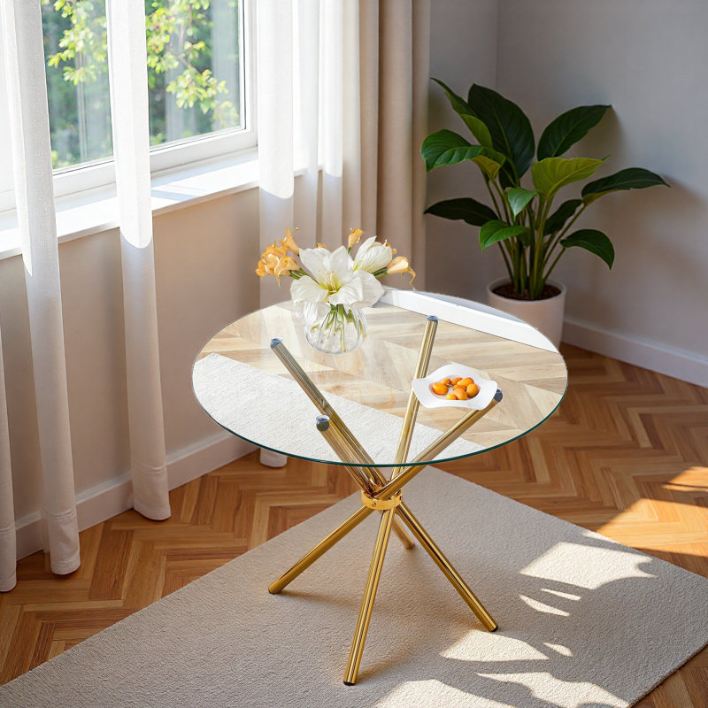 Une table ronde circulaire en verre trempé transparent d'un diamètre de 36,6 pouces, transparent / Gold